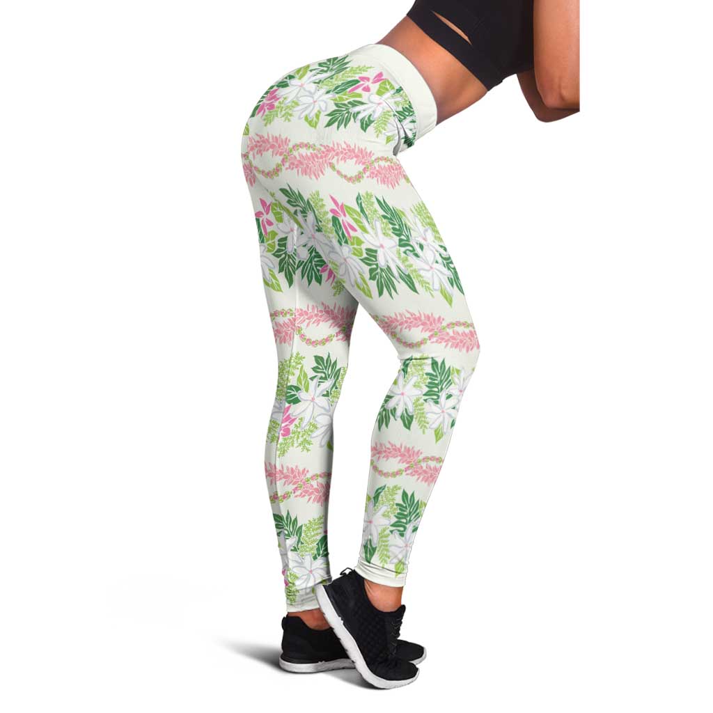Monstera Tiare Plumeria Lei Pattern Leggings Green Version