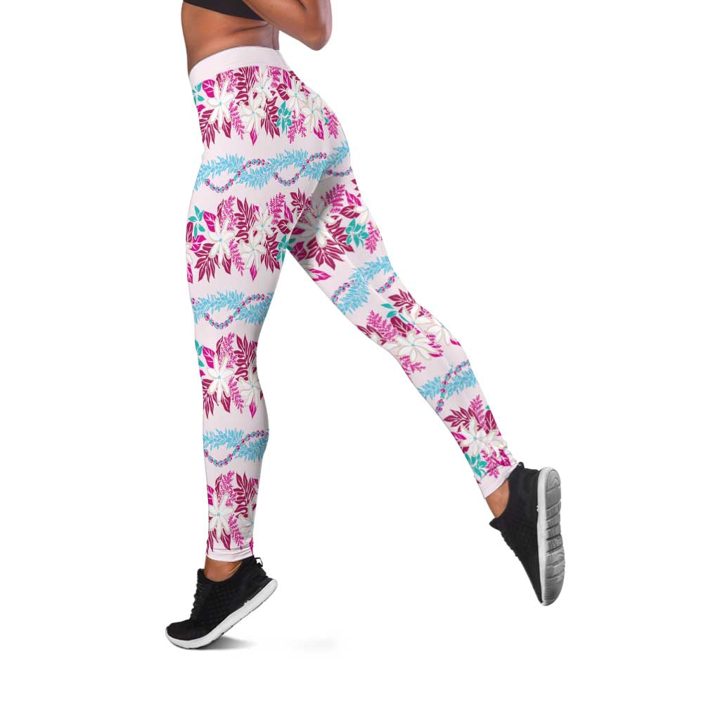 Monstera Tiare Plumeria Lei Pattern Leggings Pink Version