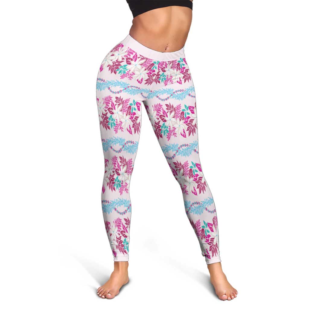 Monstera Tiare Plumeria Lei Pattern Leggings Pink Version