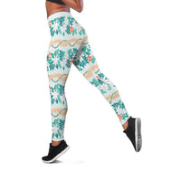 Monstera Tiare Plumeria Lei Pattern Leggings Teal Version