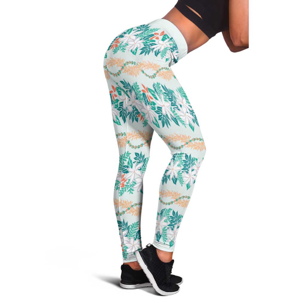 Monstera Tiare Plumeria Lei Pattern Leggings Teal Version