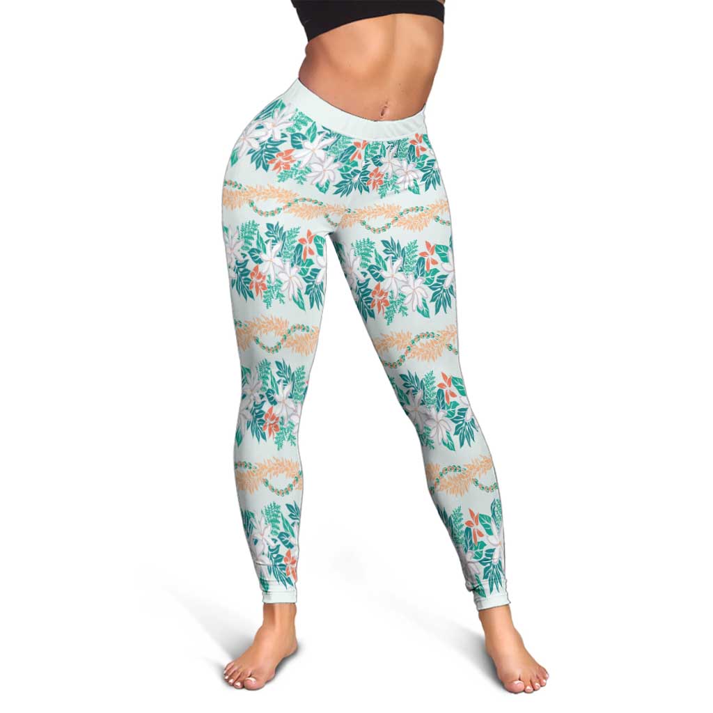 Monstera Tiare Plumeria Lei Pattern Leggings Teal Version