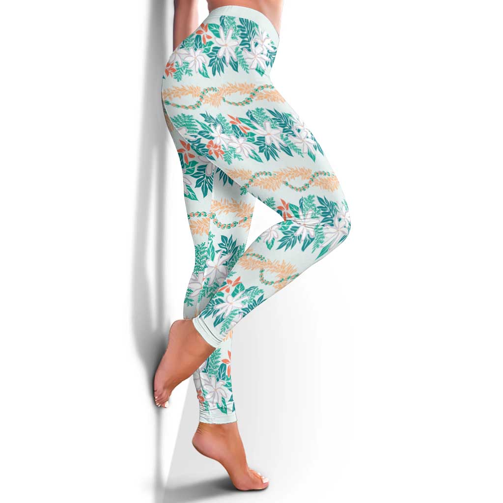 Monstera Tiare Plumeria Lei Pattern Leggings Teal Version