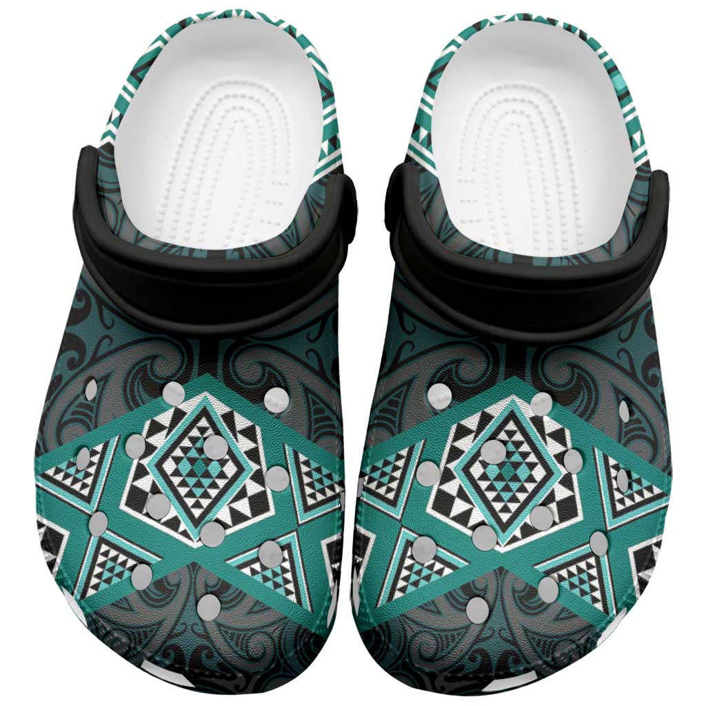 New Zealand Aotearoa Clogs Shoes Turquoise Taniko Art Maori Pattern - Polynesian Pride
