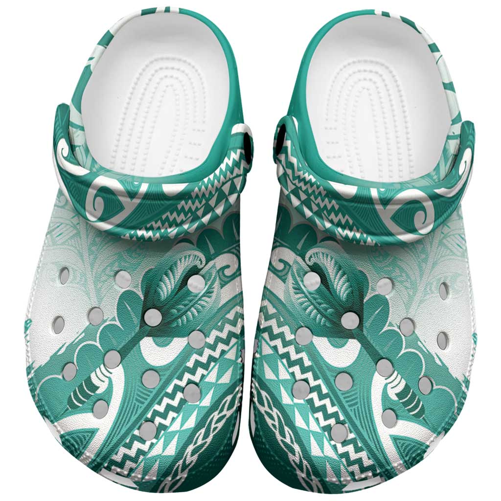 New Zealand Aotearoa Darts Masters Clogs Shoes Maori Art Tattoo with Tribal Dart Symbol Teal Color - Polynesian Pride