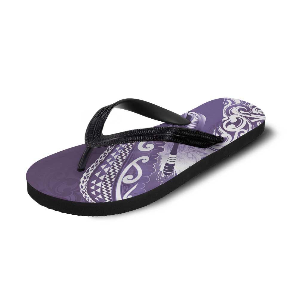 New Zealand Aotearoa Darts Masters Flip Flops Maori Art Tattoo with Tribal Dart Symbol Purple - Polynesian Pride