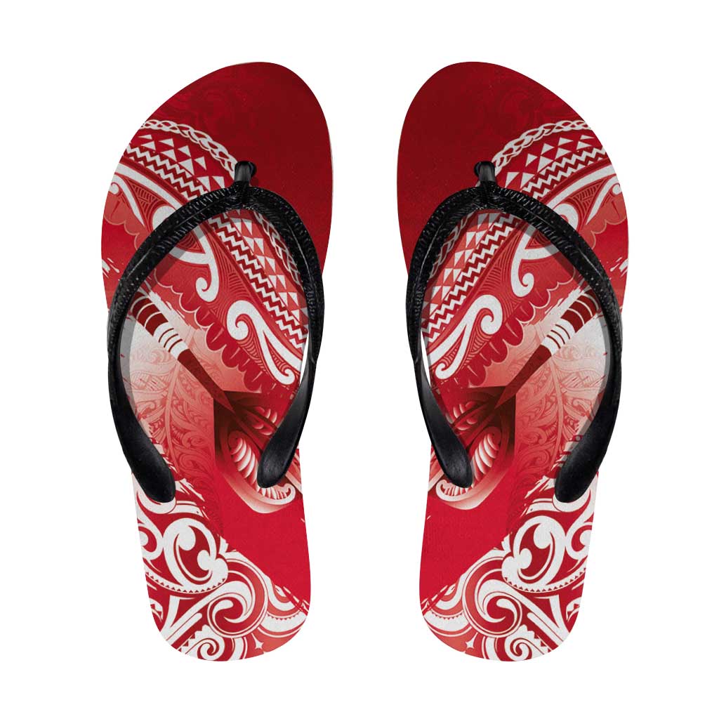 New Zealand Aotearoa Darts Masters Flip Flops Maori Art Tattoo with Tribal Dart Symbol Red - Polynesian Pride