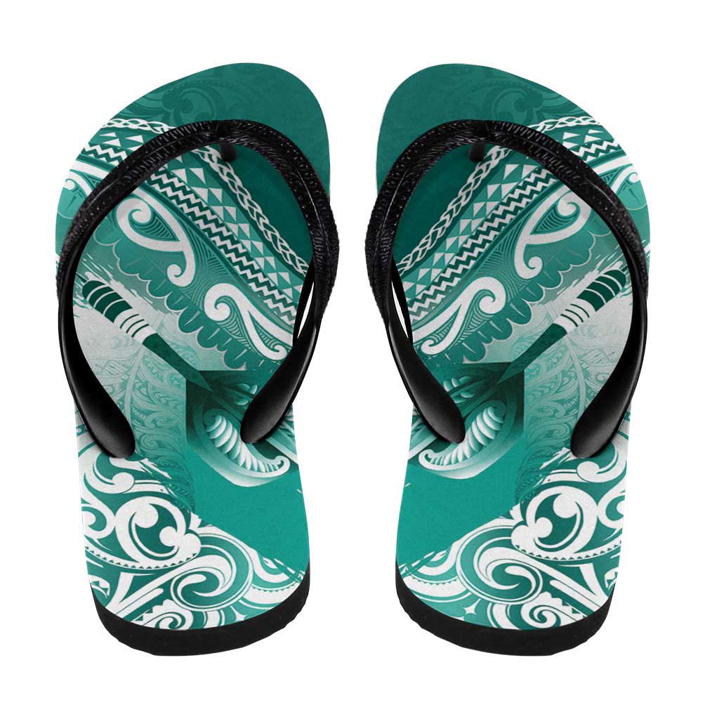 New Zealand Aotearoa Darts Masters Flip Flops Maori Art Tattoo with Tribal Dart Symbol Teal Color - Polynesian Pride