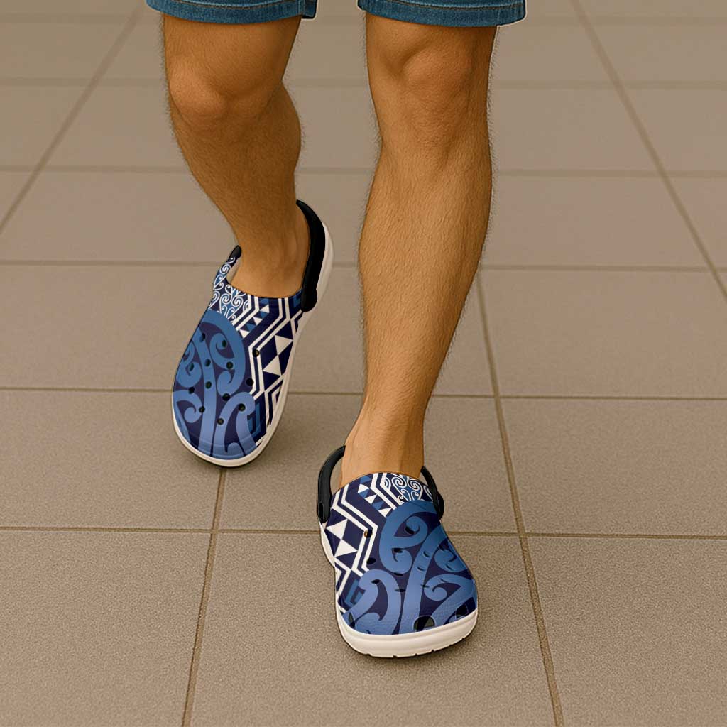 New Zealand Clogs Shoes Aotearoa Kowhaiwhai Mix Taniko Art - Blue