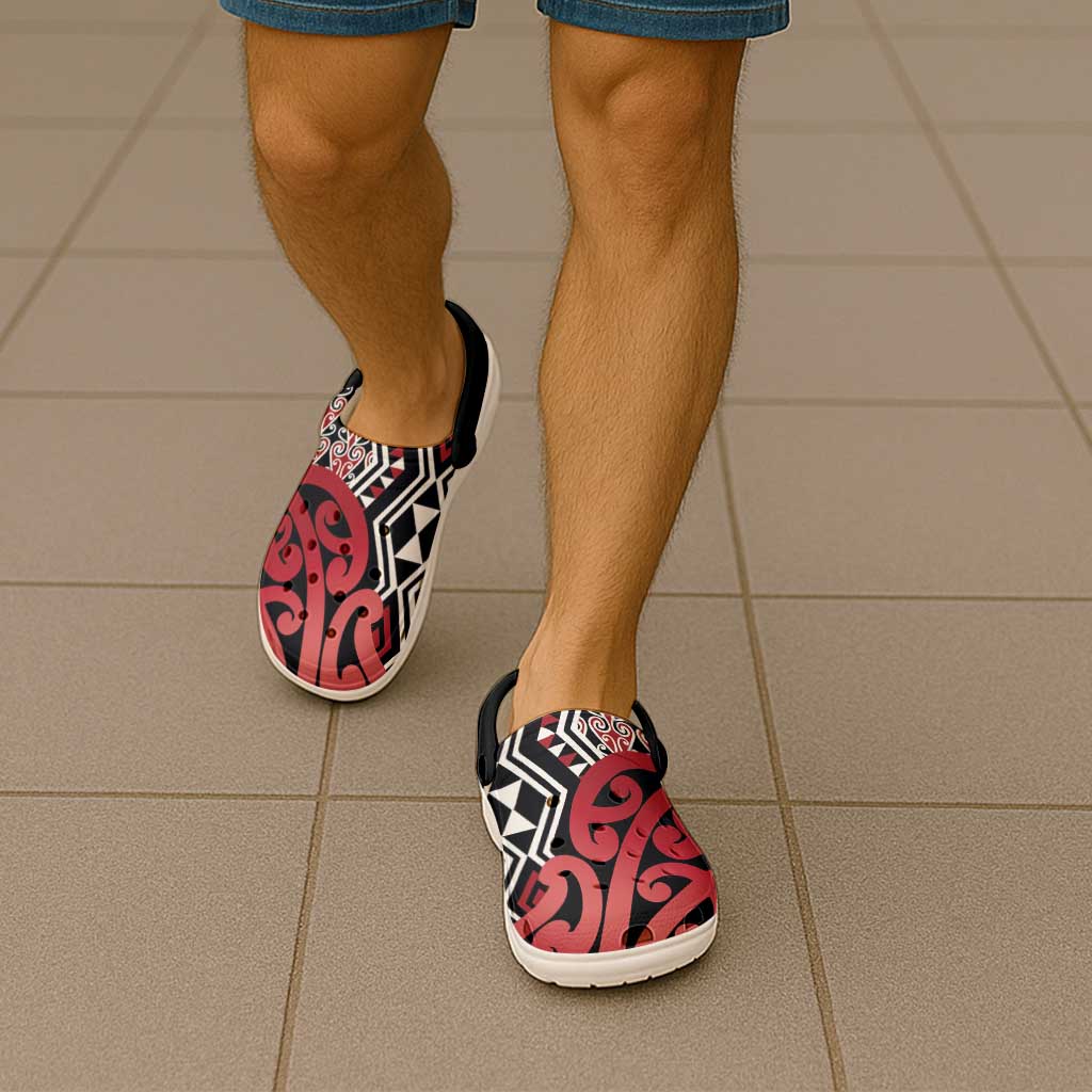 New Zealand Clogs Shoes Aotearoa Kowhaiwhai Mix Taniko Art - Red