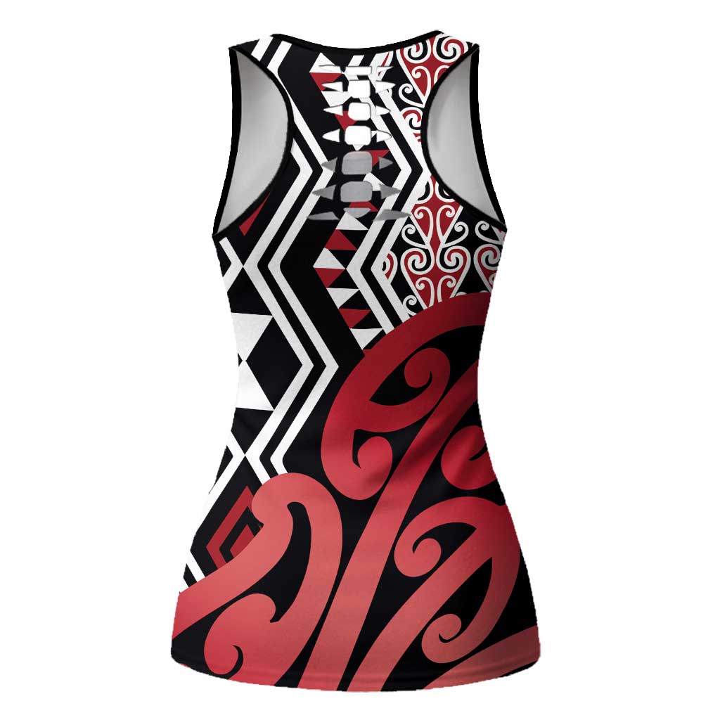 New Zealand Hollow Tank Top Aotearoa Kowhaiwhai Mix Taniko Art - Red