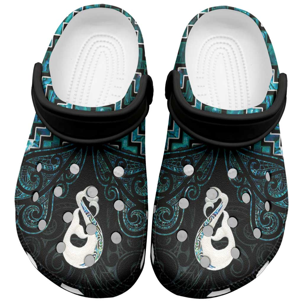 New Zealand Maori Clogs Shoes Poutama Manaia Turquoise Paua Shell - Polynesian Pride