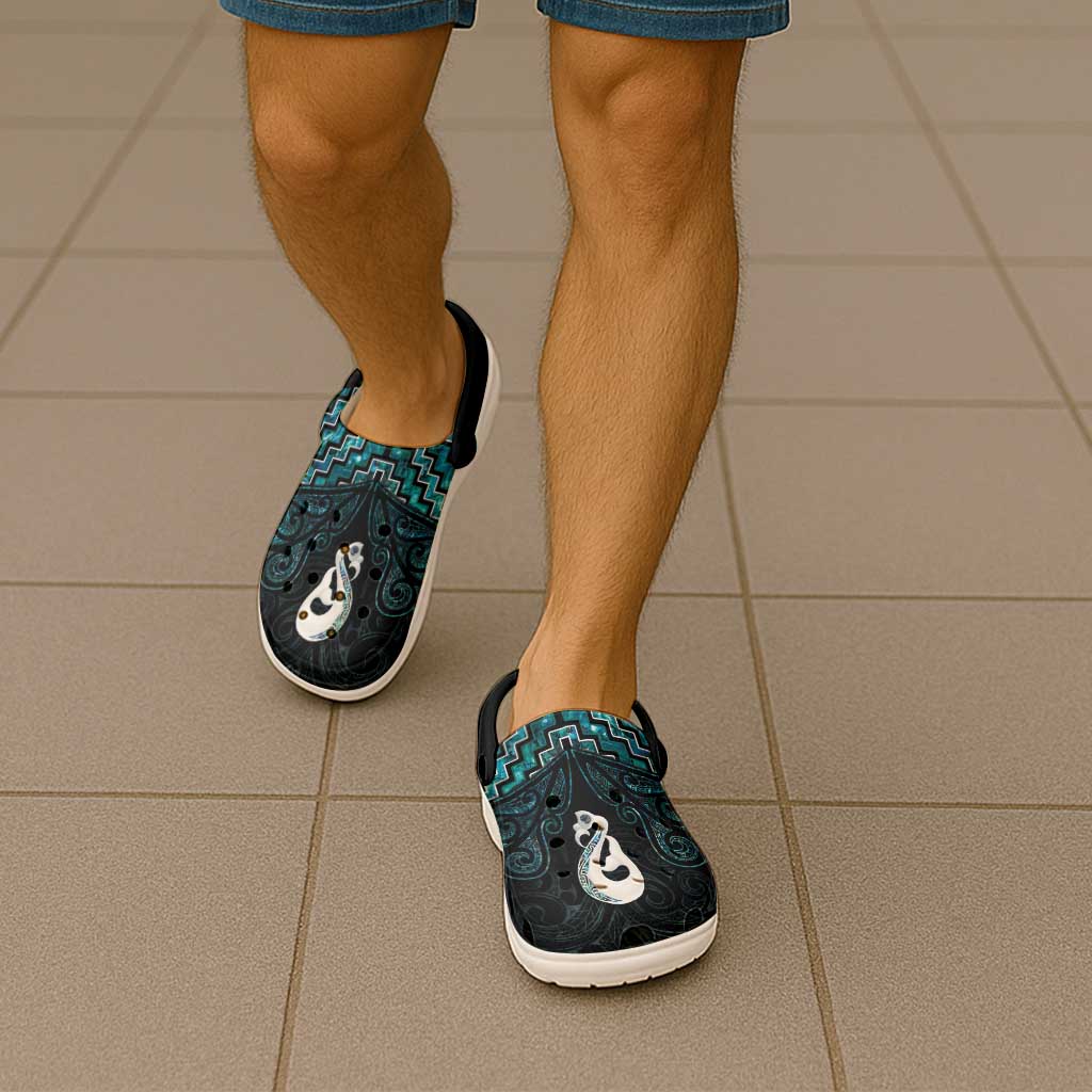 New Zealand Maori Clogs Shoes Poutama Manaia Turquoise Paua Shell - Polynesian Pride