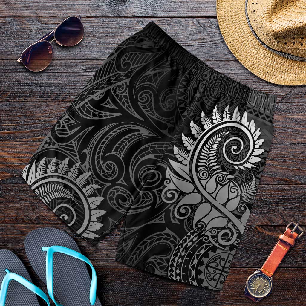 New Zealand Maori Koru Fern Shorts for Men Spiral Polynesian Style Gray