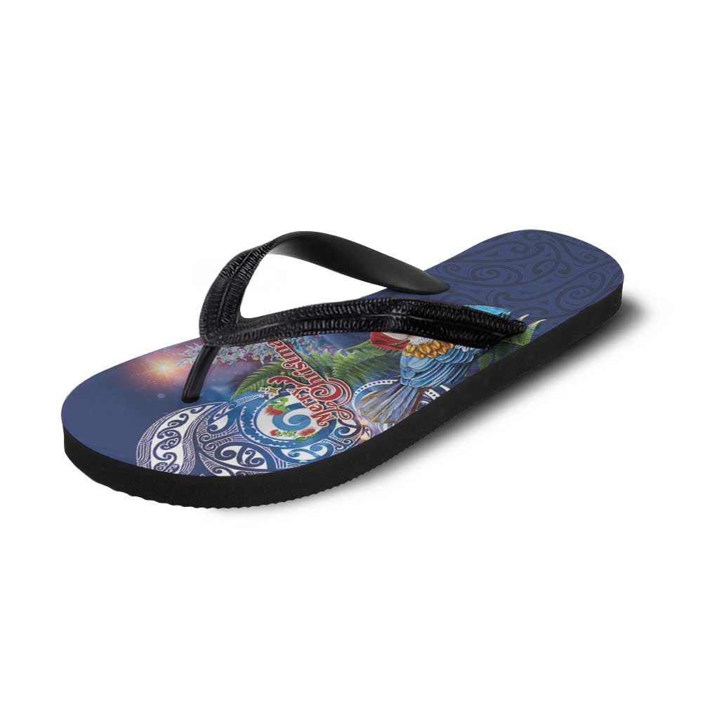 New Zealand Merry Christmas Flip Flops Maori Tribal Pattern with Xmas Tui Bird