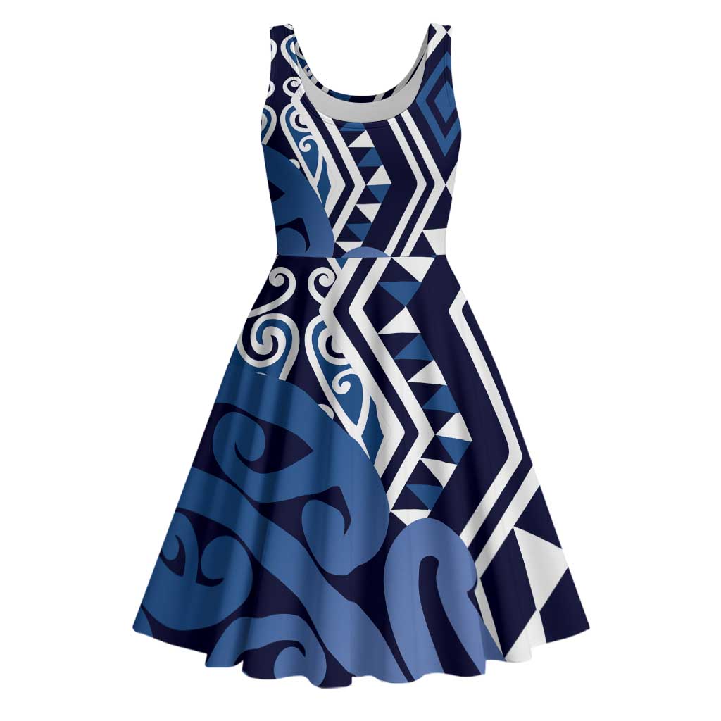 New Zealand Midi Dress Aotearoa Kowhaiwhai Mix Taniko Art - Blue