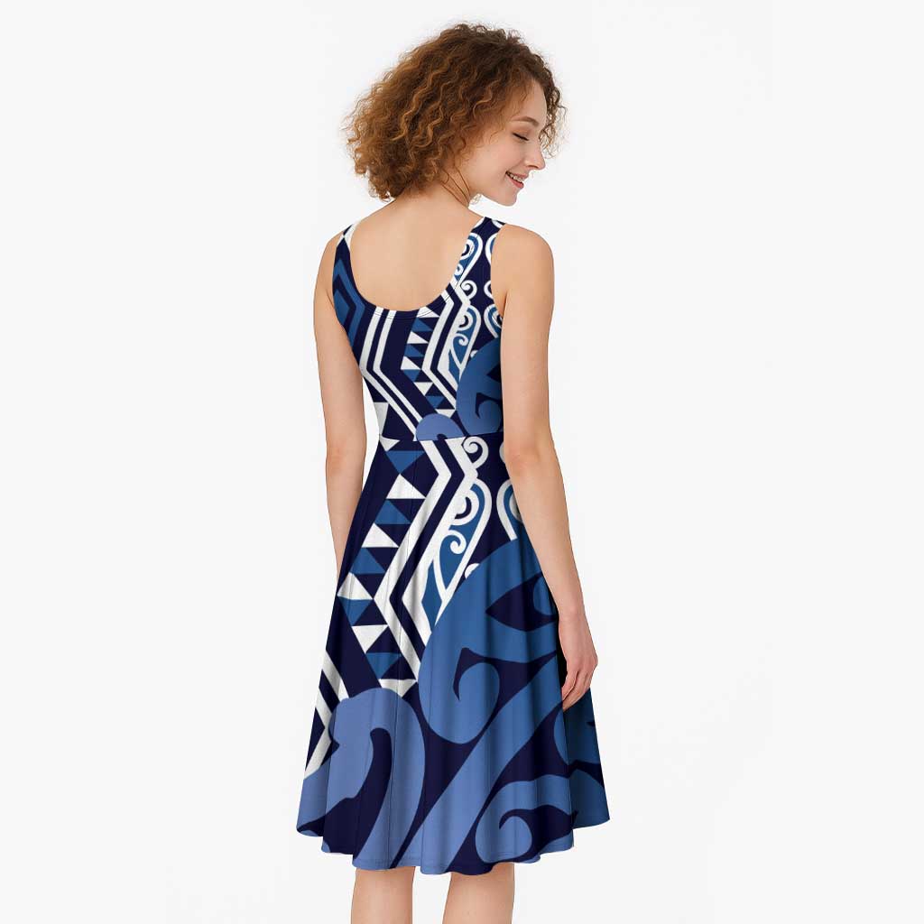 New Zealand Midi Dress Aotearoa Kowhaiwhai Mix Taniko Art - Blue