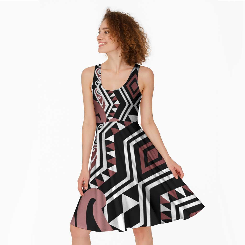 New Zealand Midi Dress Aotearoa Kowhaiwhai Mix Taniko Art - Brown