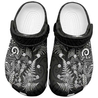 New Zealand Sea Animals Clogs Shoes with Maori Koru Tribal Tattoo and Silver Ferns Black Color
