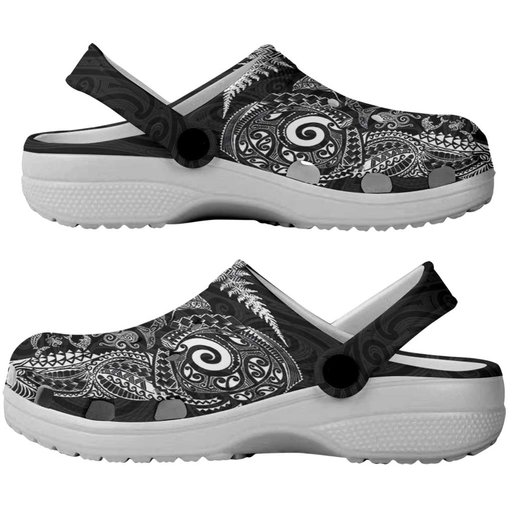 New Zealand Sea Animals Clogs Shoes with Maori Koru Tribal Tattoo and Silver Ferns Black Color