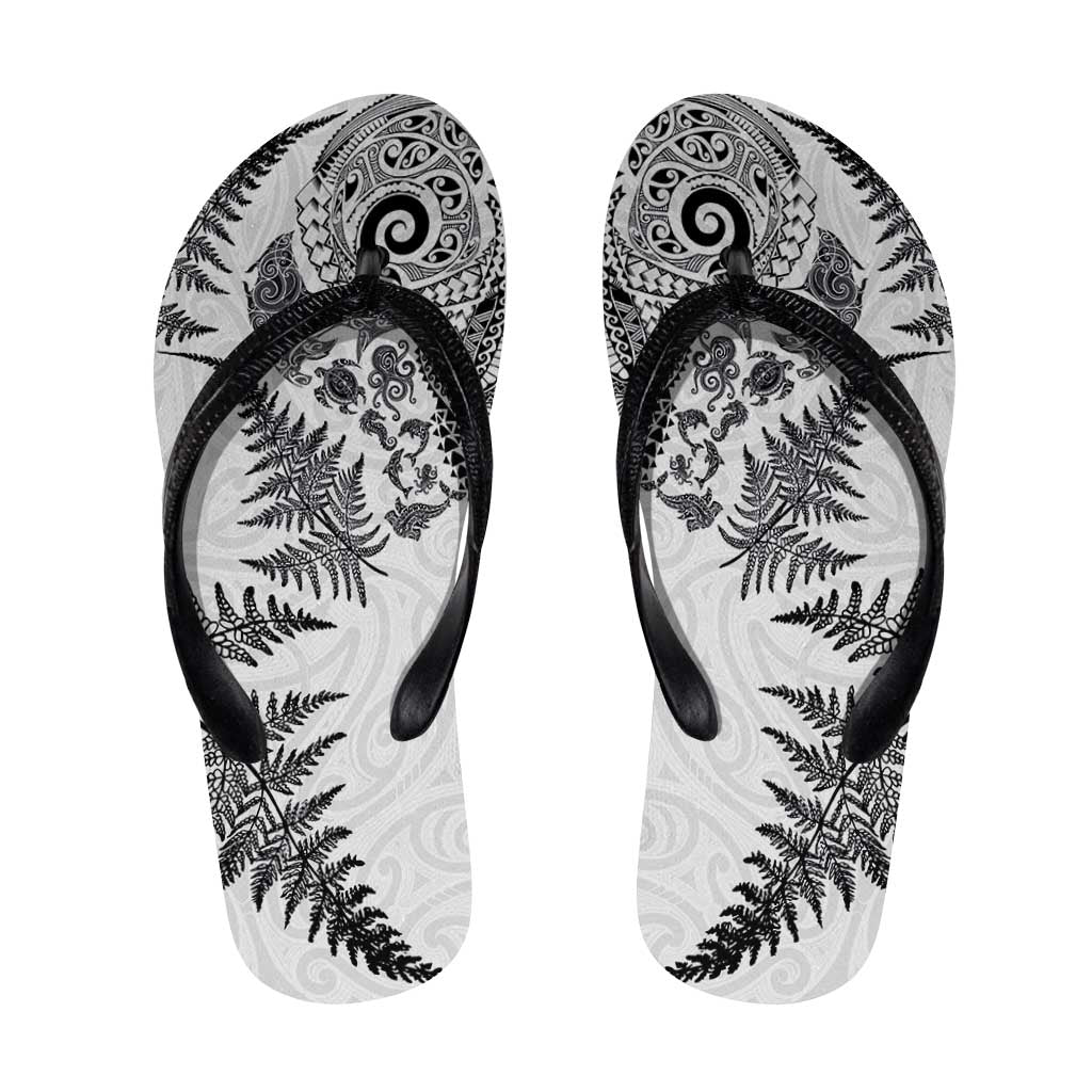 New Zealand Sea Animals Flip Flops with Maori Koru Tribal Tattoo and Silver Ferns White Color