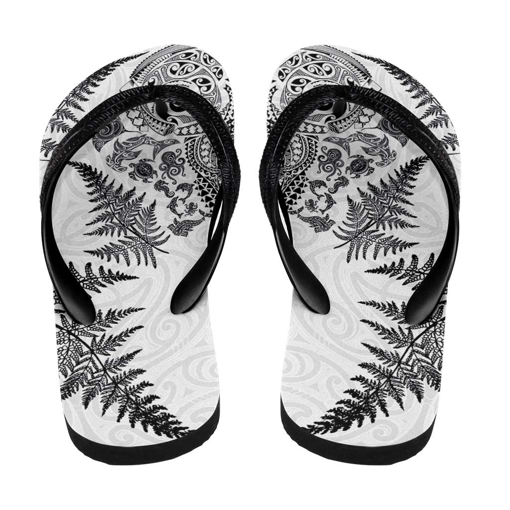 New Zealand Sea Animals Flip Flops with Maori Koru Tribal Tattoo and Silver Ferns White Color LT03 - Polynesian Pride