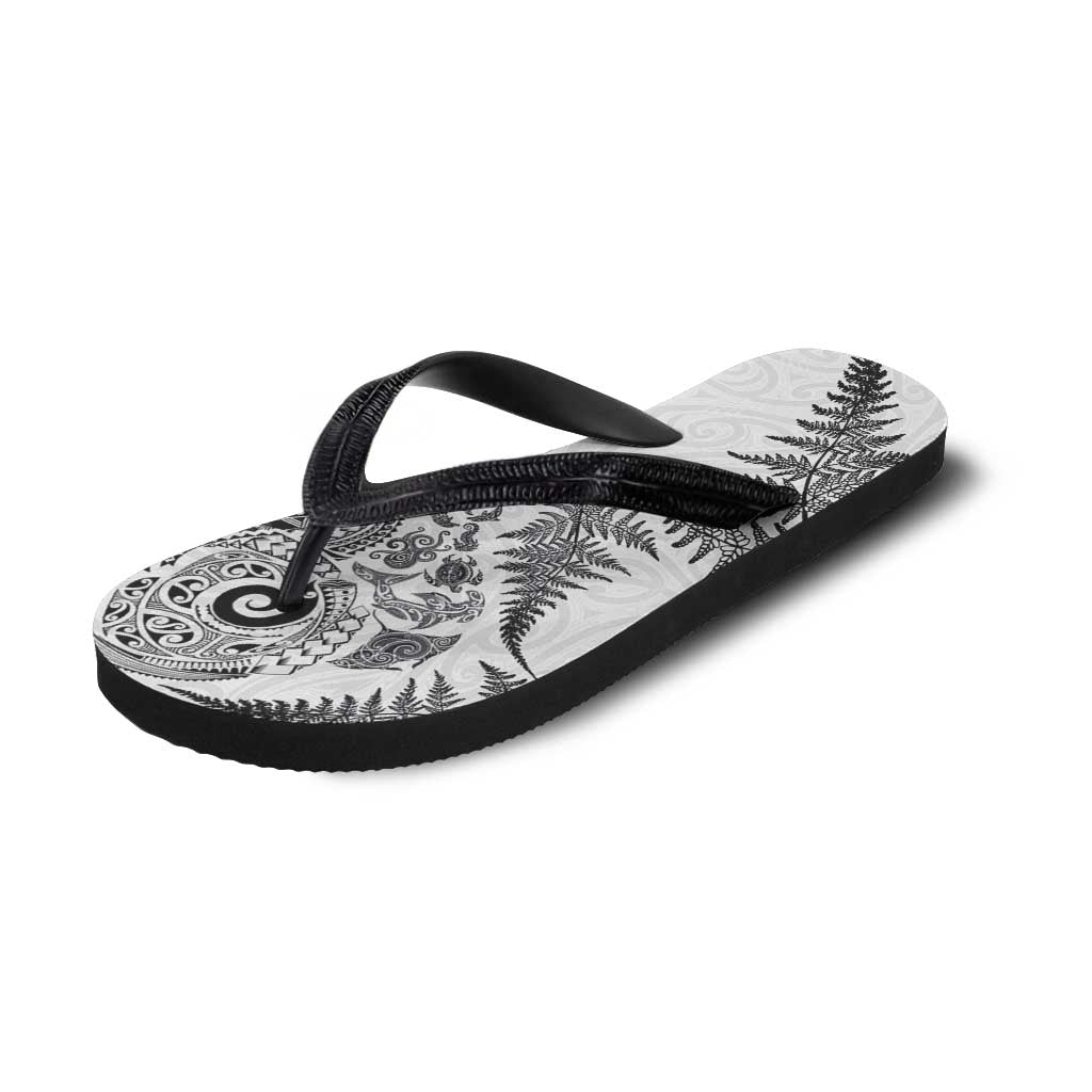 New Zealand Sea Animals Flip Flops with Maori Koru Tribal Tattoo and Silver Ferns White Color LT03 - Polynesian Pride