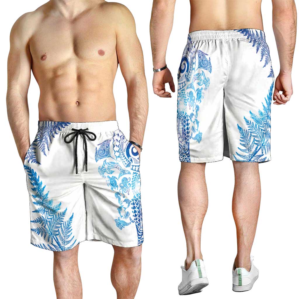 New Zealand Sea Animals Shorts for Men with Maori Koru Tribal Tattoo and Silver Ferns Galaxy Style