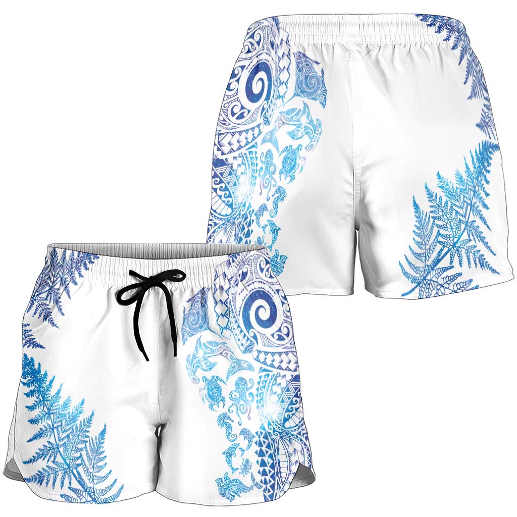 New Zealand Sea Animals Shorts for Women with Maori Koru Tribal Tattoo and Silver Ferns Galaxy Style LT03 - Polynesian Pride