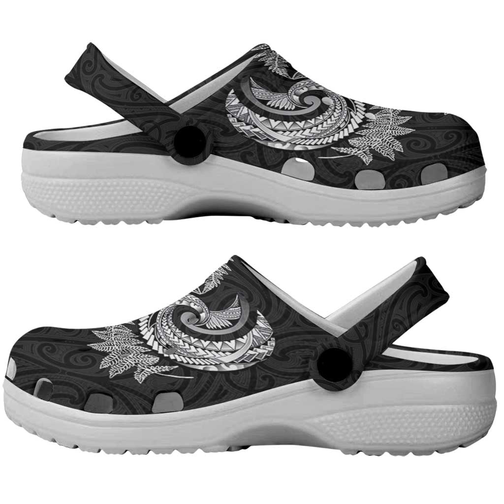New Zealand Sea Animals with Maori Tribal Tattoo Clogs Shoes Shark Manta Ray with Silver Fern Black LT03 - Polynesian Pride