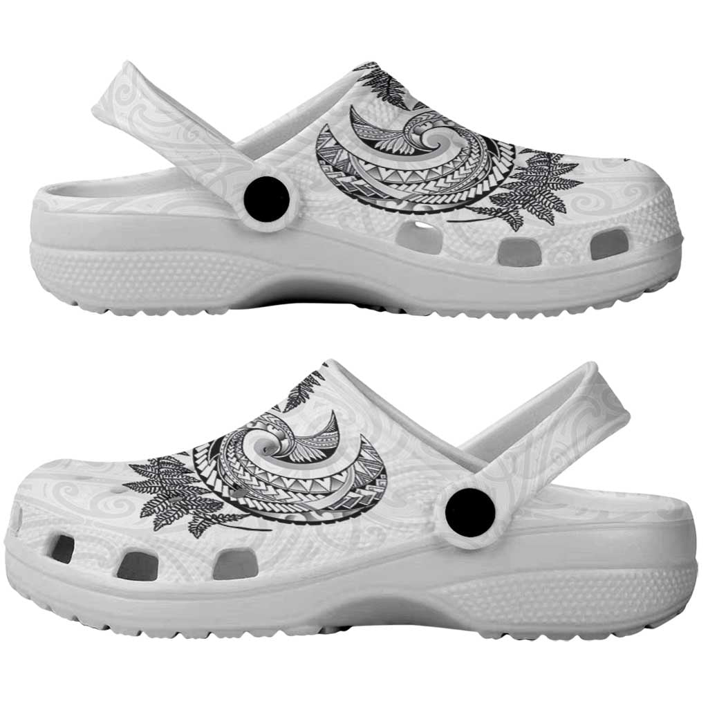 New Zealand Sea Animals with Maori Tribal Tattoo Clogs Shoes Shark Manta Ray with Silver Fern White LT03 - Polynesian Pride