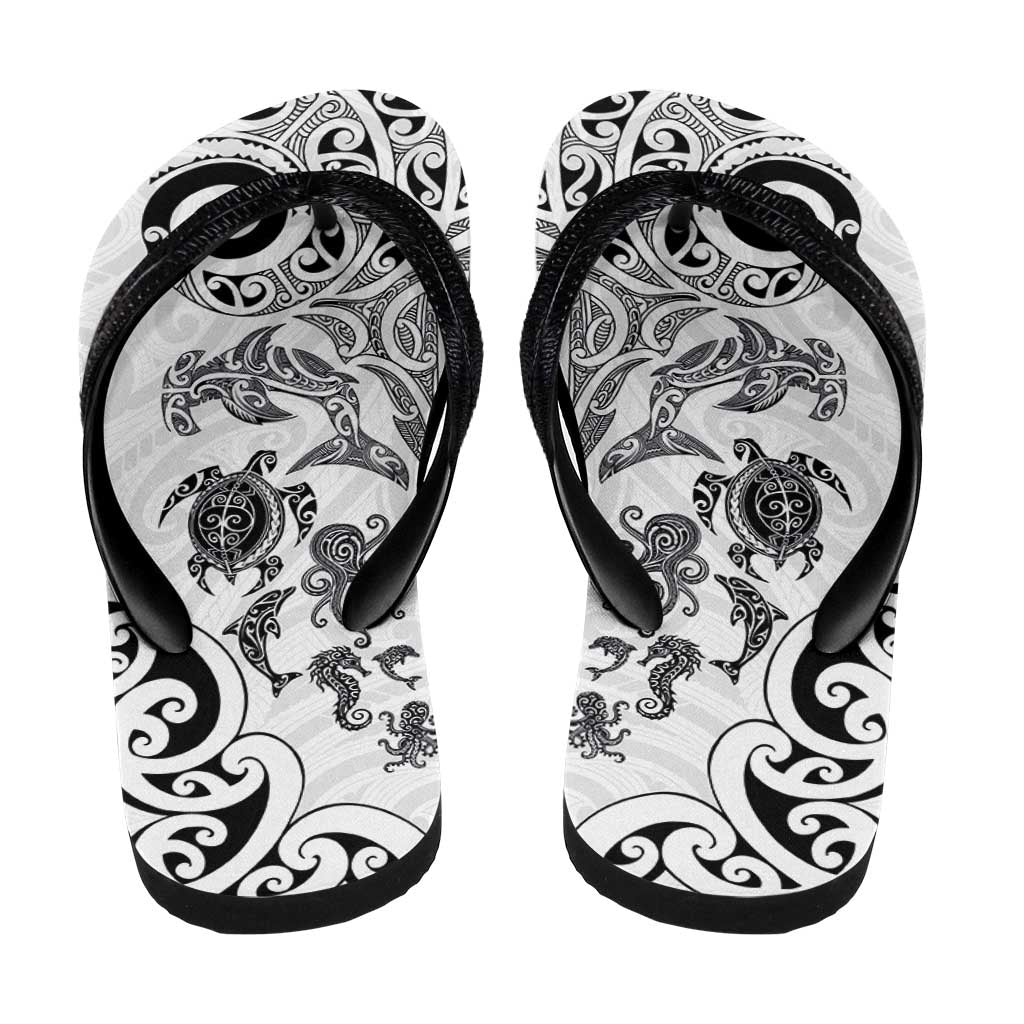 New Zealand Sea Animals with Maori Tribal Tattoo Flip Flops White Color