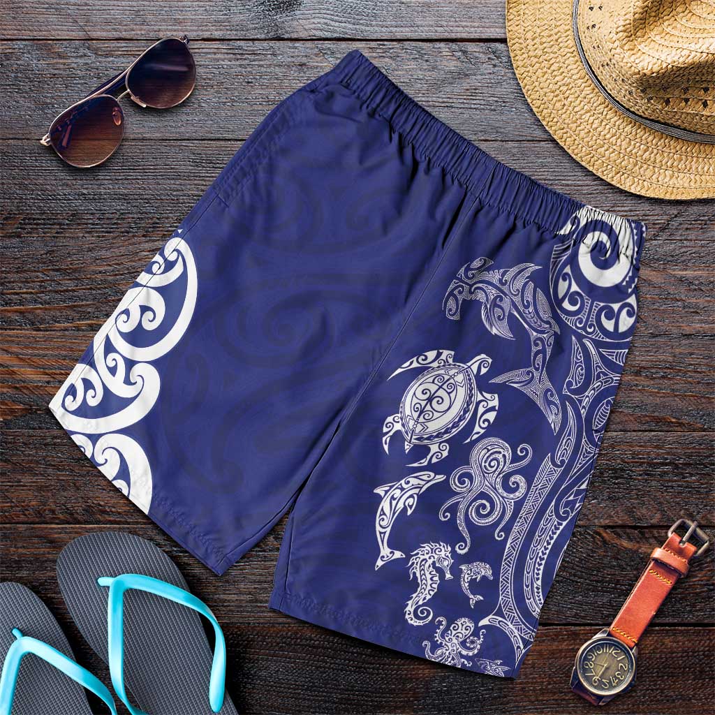 New Zealand Sea Animals with Maori Tribal Tattoo Shorts for Men Blue Color