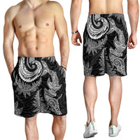 New Zealand Sea Animals with Maori Tribal Tattoo Shorts for Men Shark Manta Ray with Silver Fern Black LT03 - Polynesian Pride