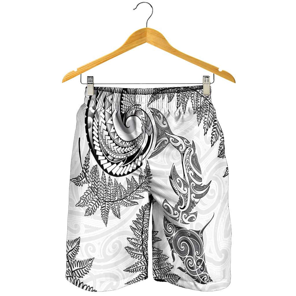 New Zealand Sea Animals with Maori Tribal Tattoo Shorts for Men Shark Manta Ray with Silver Fern White LT03 - Polynesian Pride