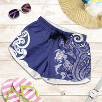 New Zealand Sea Animals with Maori Tribal Tattoo Shorts for Women Blue Color LT03 Blue - Polynesian Pride