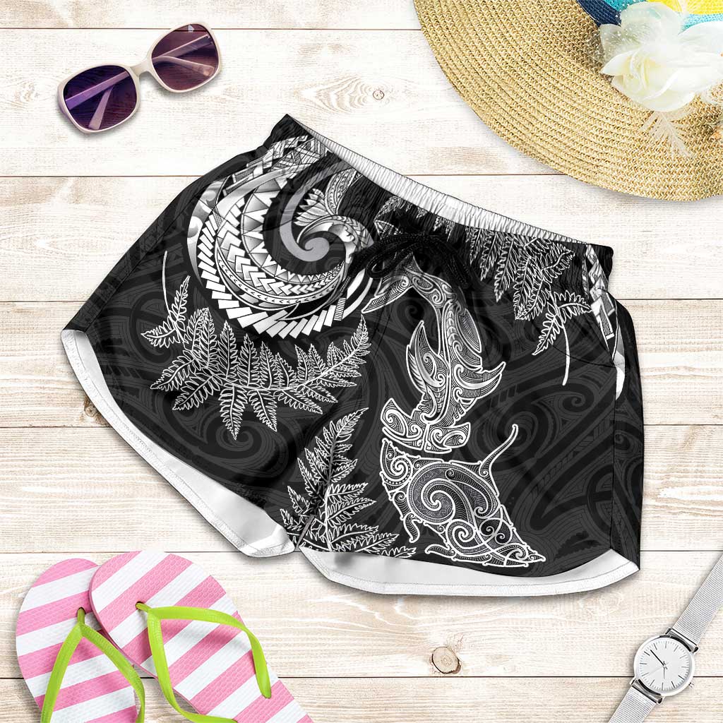 New Zealand Sea Animals with Maori Tribal Tattoo Shorts for Women Shark Manta Ray with Silver Fern Black