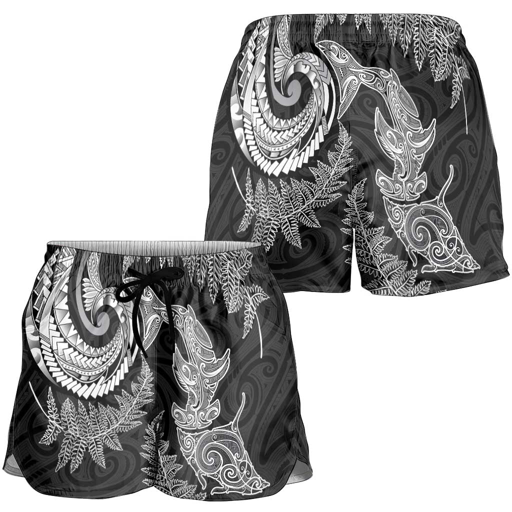 New Zealand Sea Animals with Maori Tribal Tattoo Shorts for Women Shark Manta Ray with Silver Fern Black