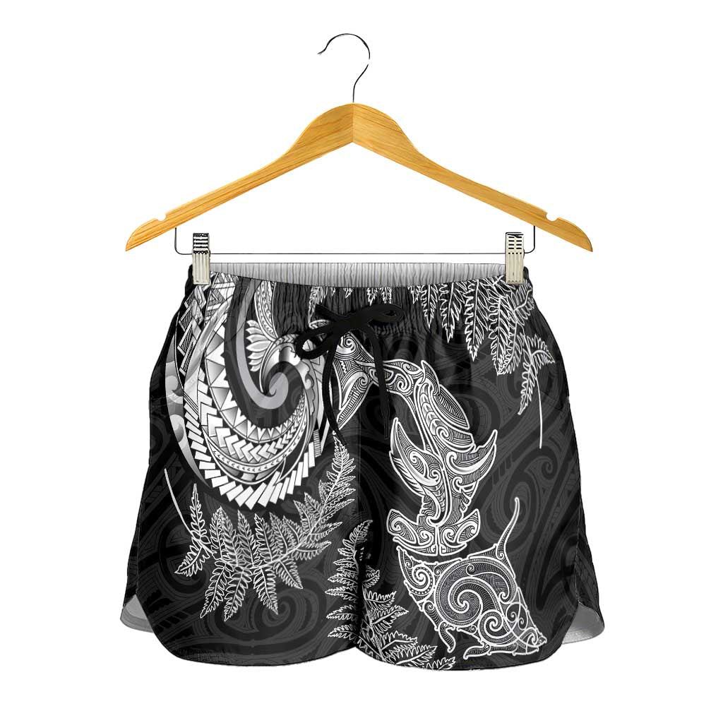 New Zealand Sea Animals with Maori Tribal Tattoo Shorts for Women Shark Manta Ray with Silver Fern Black