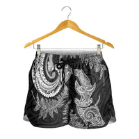 New Zealand Sea Animals with Maori Tribal Tattoo Shorts for Women Shark Manta Ray with Silver Fern Black