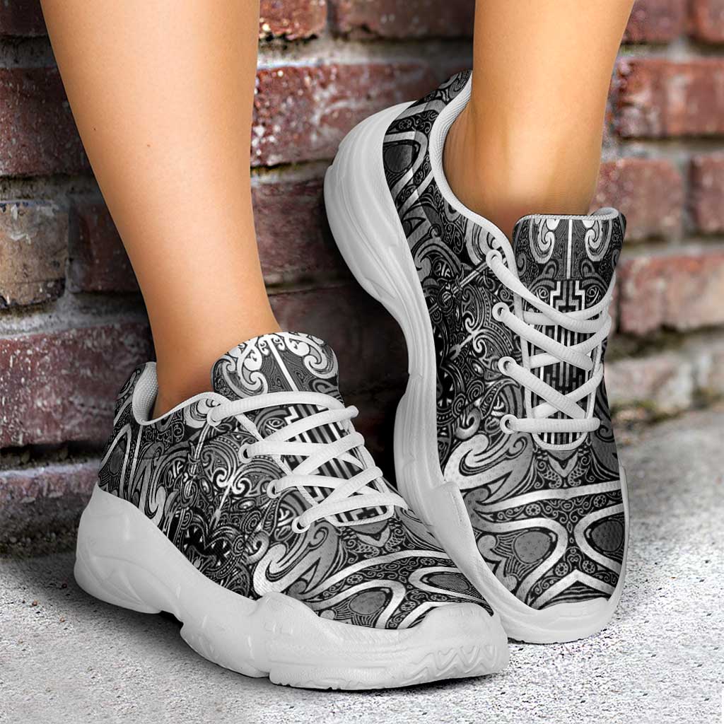 New Zealand Taiaha Maori Chunky Sneakers Kiwikiwi Minimalist Silver Fern Tukutuku Motif