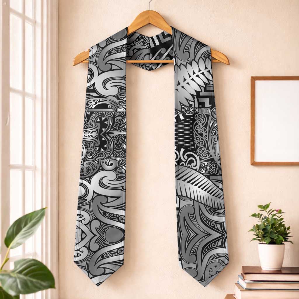 New Zealand Taiaha Maori Graduation Stole Kiwikiwi Minimalist Silver Fern Tukutuku Motif LT9 One Size White - Polynesian Pride