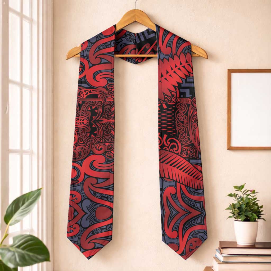 New Zealand Taiaha Maori Graduation Stole Whero Minimalist Silver Fern Tukutuku Motif LT9 One Size Red - Polynesian Pride