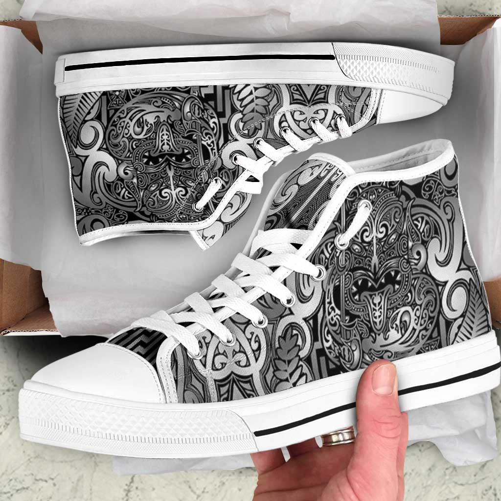 New Zealand Taiaha Maori High Top Shoes Kiwikiwi Minimalist Silver Fern Tukutuku Motif LT9 White - Polynesian Pride