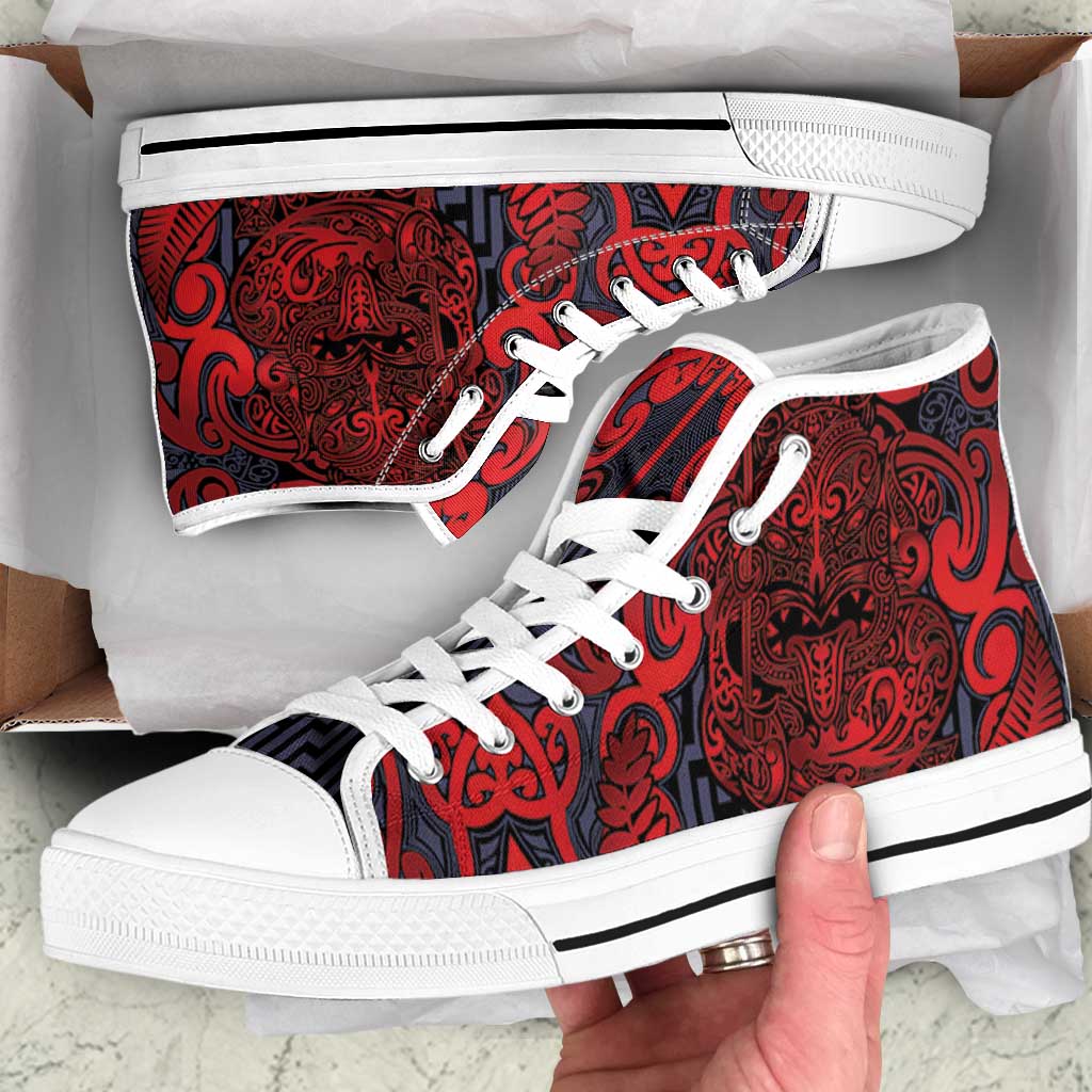New Zealand Taiaha Maori High Top Shoes Whero Minimalist Silver Fern Tukutuku Motif