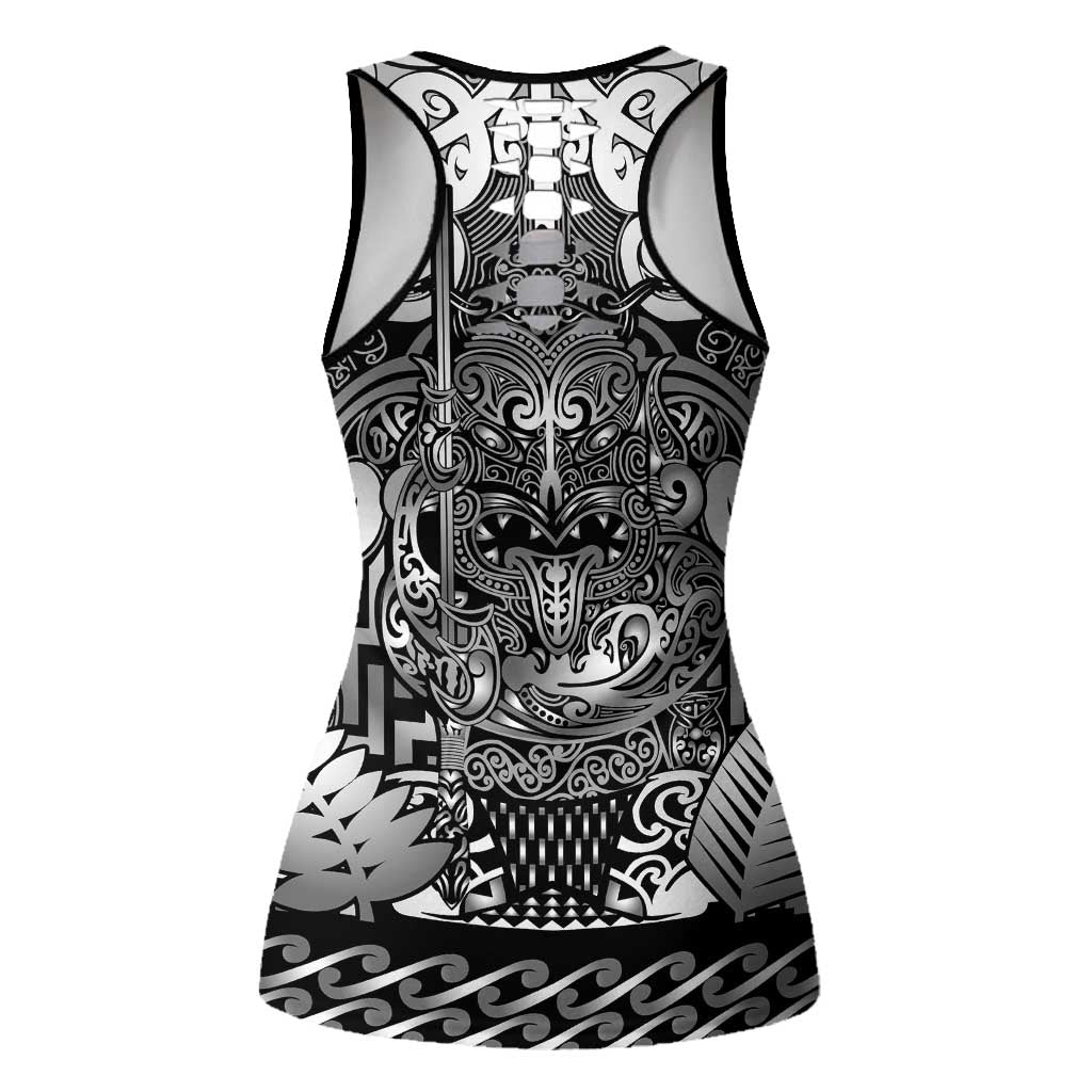 New Zealand Taiaha Maori Hollow Tank Top Kiwikiwi Minimalist Silver Fern Tukutuku Motif LT9 - Polynesian Pride
