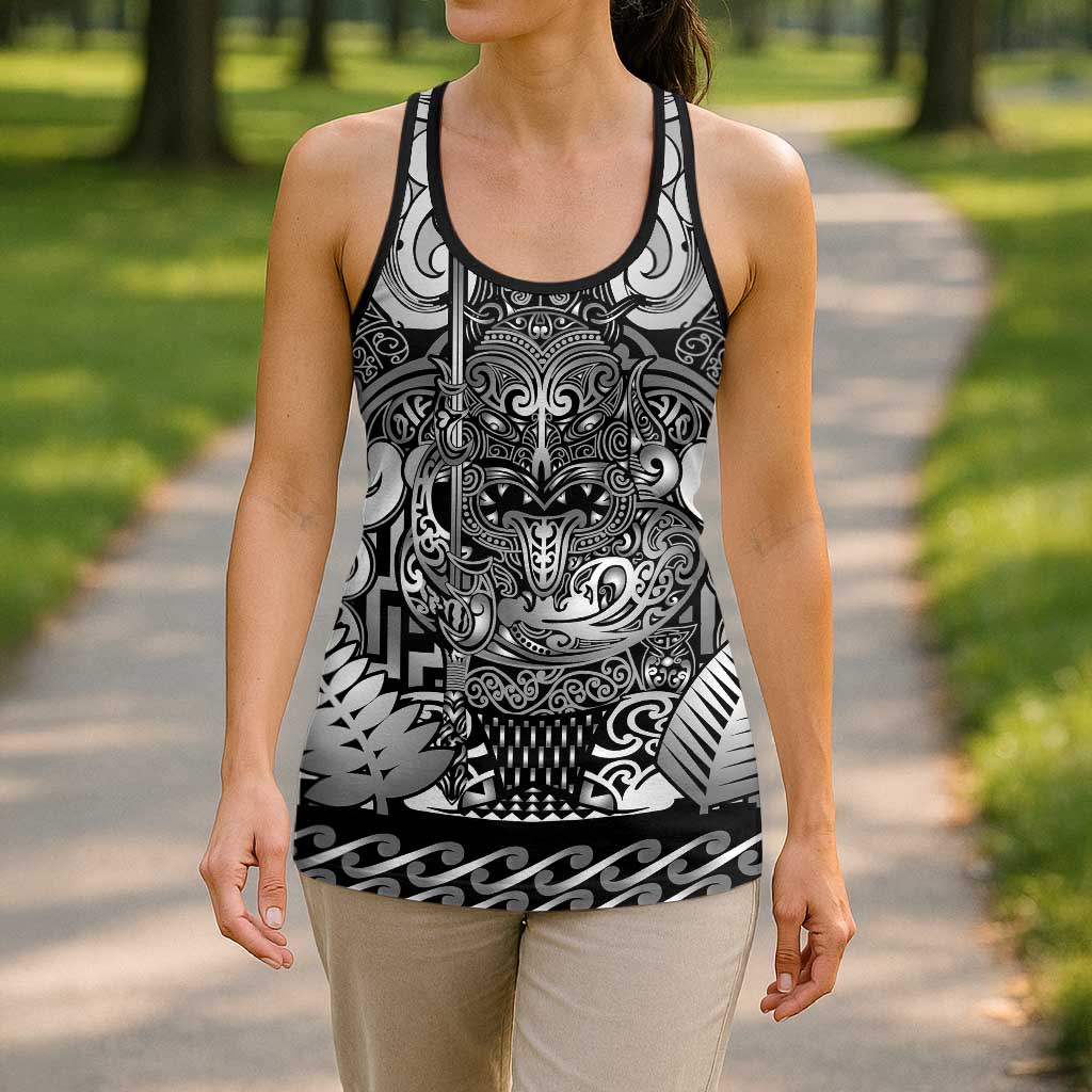 New Zealand Taiaha Maori Hollow Tank Top Kiwikiwi Minimalist Silver Fern Tukutuku Motif LT9 - Polynesian Pride