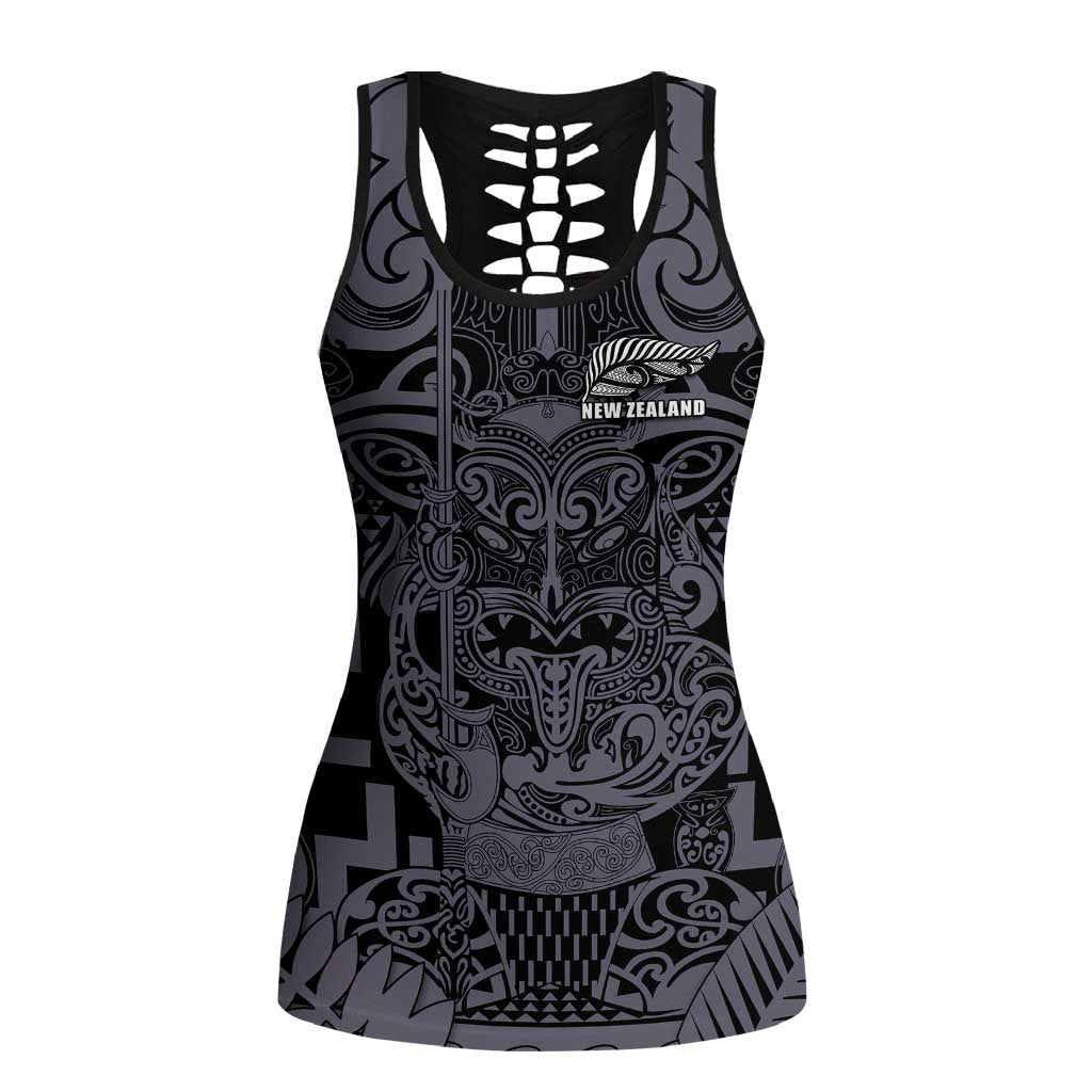New Zealand Taiaha Maori Hollow Tank Top Minimalist Silver Fern All Black - Polynesian Pride