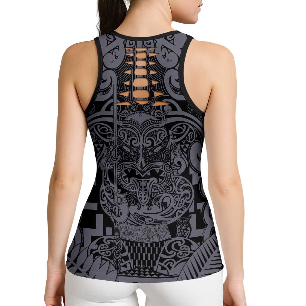 New Zealand Taiaha Maori Hollow Tank Top Minimalist Silver Fern All Black - Polynesian Pride