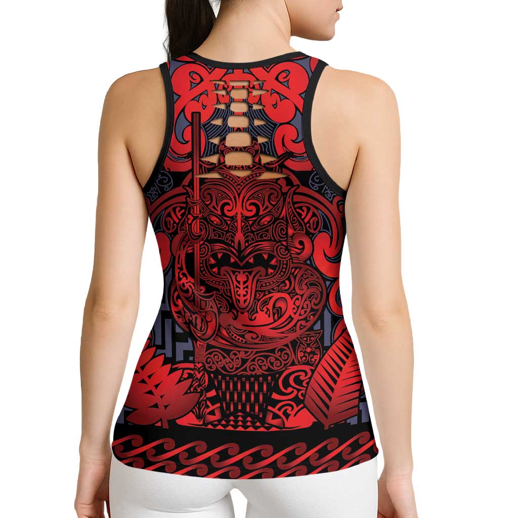 New Zealand Taiaha Maori Hollow Tank Top Whero Minimalist Silver Fern Tukutuku Motif LT9 - Polynesian Pride